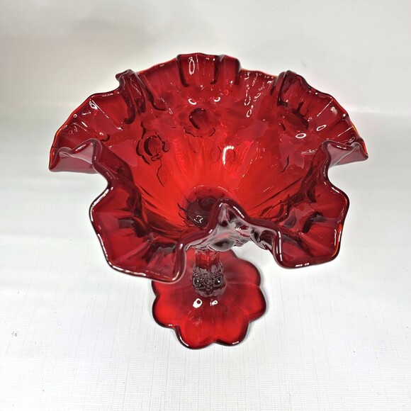Fenton Ruby Red Glass Compote Cabbage Rose Vintage 60s Mid Century Crimped - Picture 2 of 7